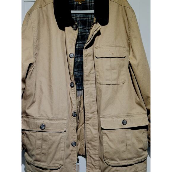 ST JOHNS BAY Men's XL Canvas Tan Flannel Lined Barn Chore Coat Leather Collar - Picture 3 of 15